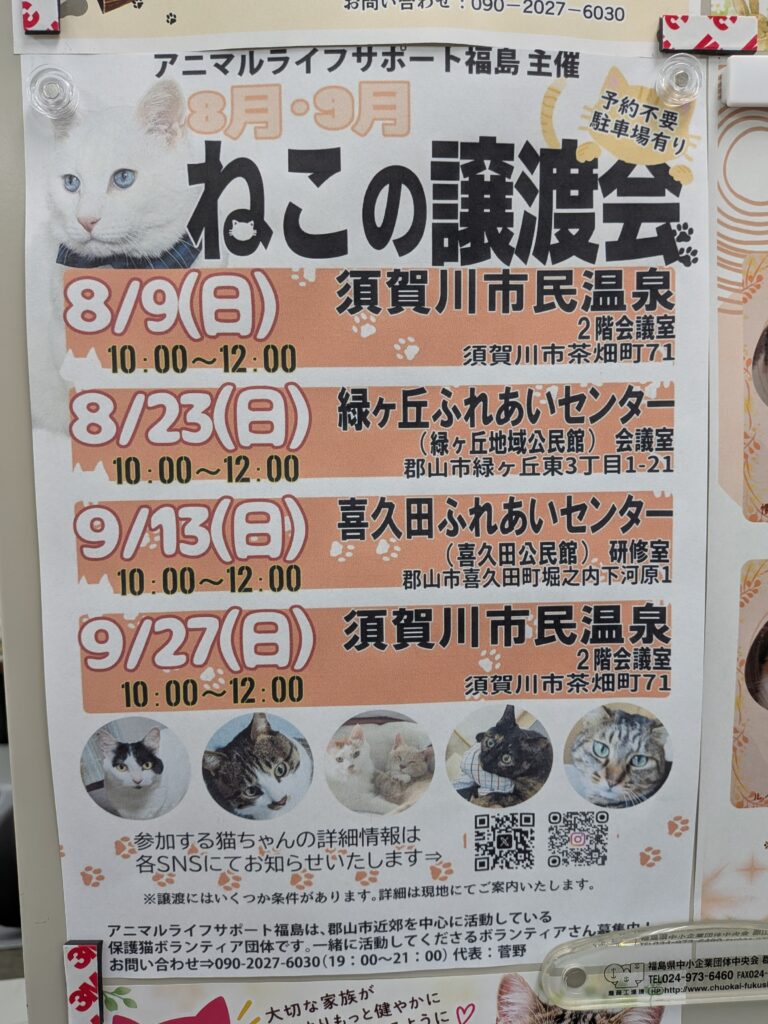 本日から、秋の彼岸入りです。たくさんお参りにお越しです。猫もみ犬もみ様、9/20(日)~9/27(日)猫ちゃんの無料セミナー開催中です。アニマルライフサポート福島様、猫ちゃんの譲渡会を9/27(日)に開催です。 3 2536